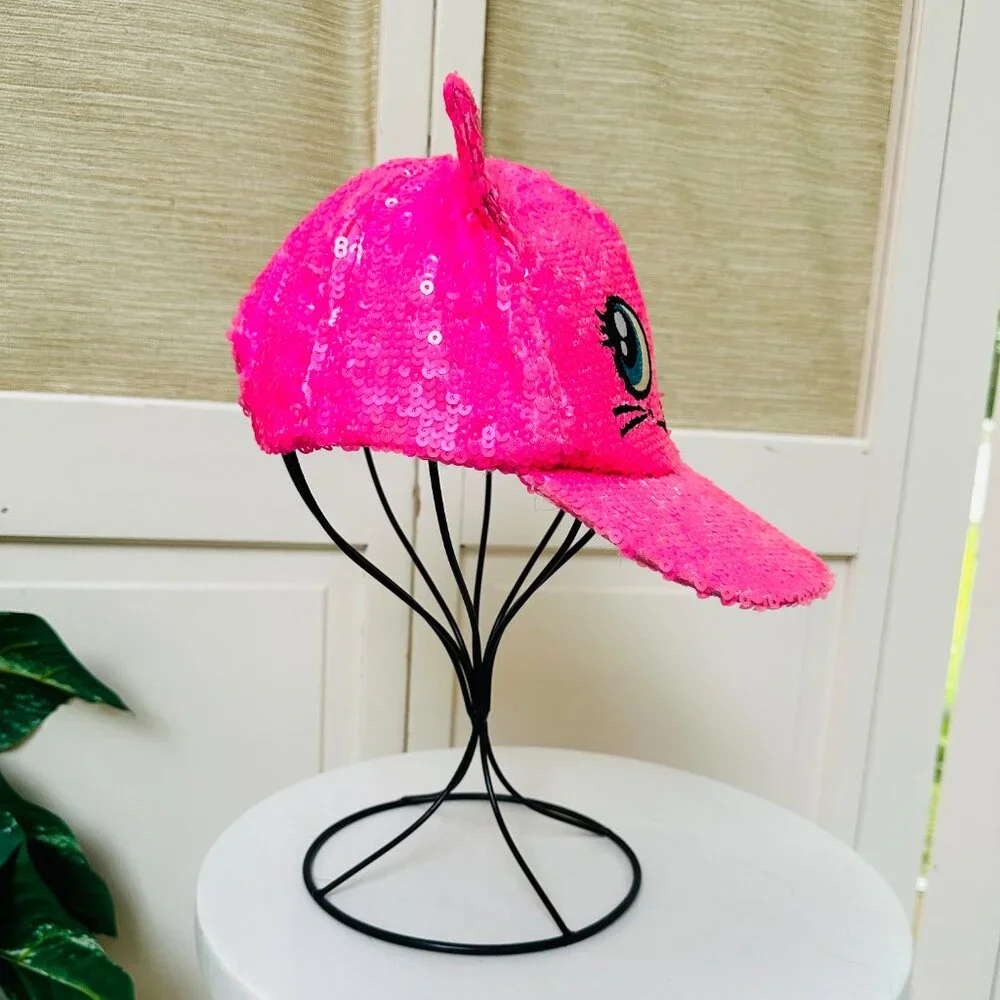 Justice Pink Sequin Kitty Cat Ear Baseball Cap Blue Eyes Adjustable Hat